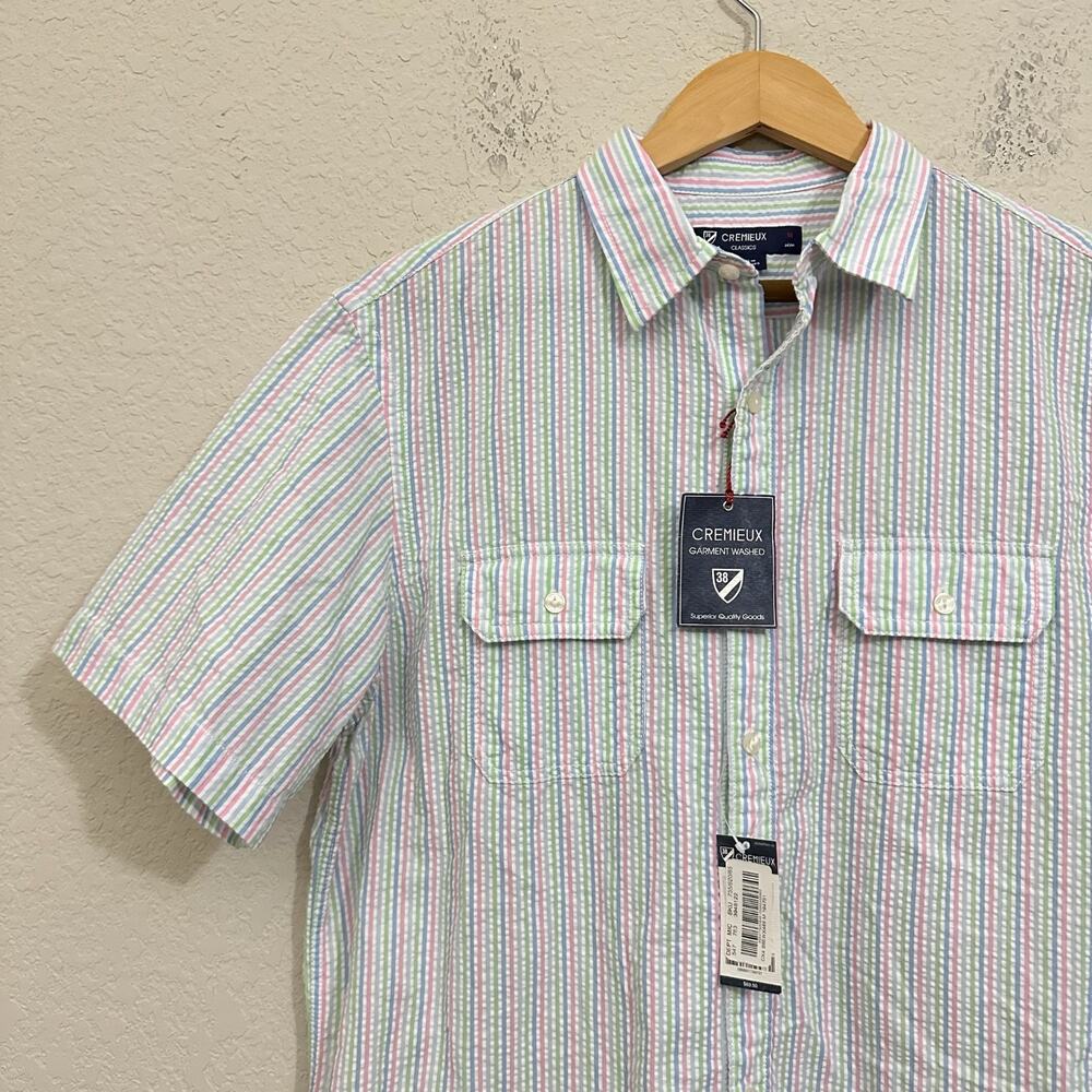 CREMIEUX Seersucker Camp Shirt Striped Classics Cotton Short Sleeve NWT - Picture 4 of 9
